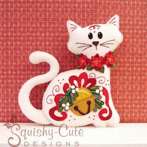 Cat Stuffed Animal Pattern - Felt Plushie Sewing Pattern & Tutorial - Jingle the Christmas Cat - Christmas Embroidery Pattern PDF