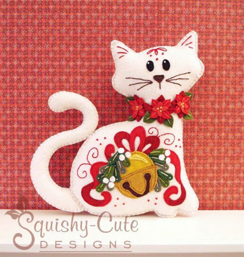 Cat Stuffed Animal Pattern Felt Plushie Sewing Pattern & Tutorial Jingle the Christmas Cat Christmas Embroidery Pattern PDF image 1