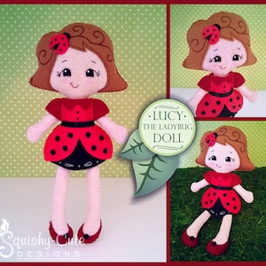 Puede incluir: Una muñeca de fieltro de mariquita llamada Lucy. La muñeca tiene el pelo castaño, alas de mariquita rojas y negras y zapatos negros. La muñeca está sentada sobre un fondo verde con lunares blancos.