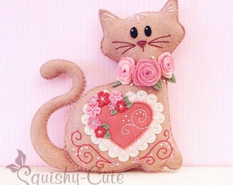 Cat Stuffed Animal Pattern - Felt Plushie Sewing Pattern & Tutorial - Lacey the Valentine Cat - Embroidery Pattern PDF