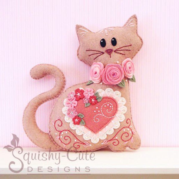 Cat Stuffed Animal Pattern - Felt Plushie Sewing Pattern & Tutorial - Lacey the Valentine Cat - Embroidery Pattern PDF