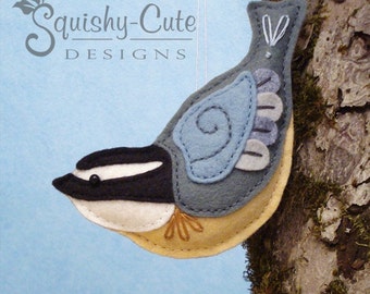 Nuthatch Sewing Pattern PDF - Backyard Bird Stuffed Ornament - Felt Plushie - Norman the Nuthatch - Instant Download