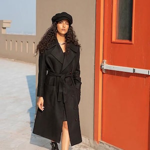 Long Wool Coat Women, Stand Collar Coat, Black Trench Coat Long Wool Coat Women, Stand Collar Coat, Black Trench Coat