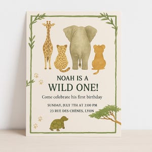 Convite de aniversário Wild One Jungle – Convite personalizado para o primeiro aniversário de um animal do Safari – Texto editável e arquivo digital personalizado