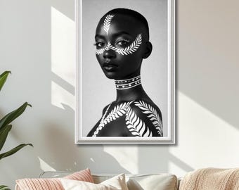 Afro Woman Portrait Print | Monochrome Botanical Wall Art (Vertical Poster)