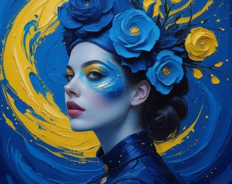 Woman Portrait Blue Yellow Floral Poster, Surreal Wall Decor