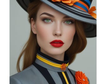 Modern Art Woman Portrait Print, Elegant Hat, Vibrant Wall Decor