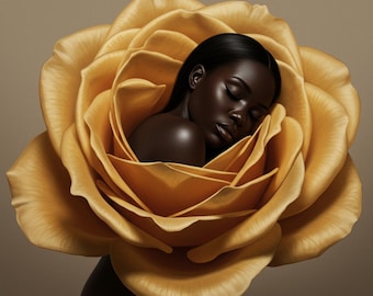 Golden Flower Woman Portrait, Elegant Giclée Art Print