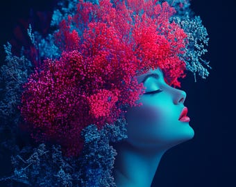 Coral Woman Portrait Art Print, Contemporary Home Decor