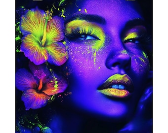 Vibrant Neon Woman Portrait Poster, Fluorescent Hibiscus Wall Art, Living Room Decor
