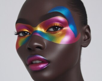 Afro woman makeup poster, vibrant beauty portrait print, colorful portrait wall decor, rainbow makeup face art