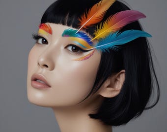 Colorful Feathered Woman Portrait, Modern Art Print