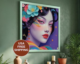 Japanese Woman Floral Art Print, Colorful Portrait Décor