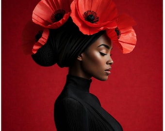 Red Flower Afro Woman Portrait, Vibrant Giclée Art Print