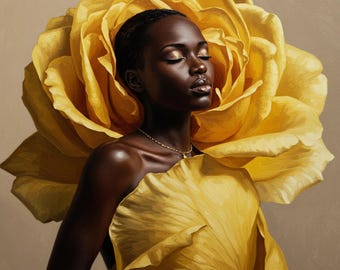 Floral Woman Art Print, Yellow Botanical Portrait, Modern Home Decor
