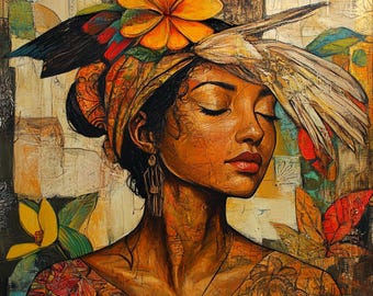 Bohemian Woman Art Print, Floral Portrait, Ethnic Wall Decor