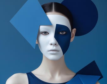 Modern Woman Portrait Poster, Blue Geometric Art Print