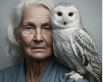 Woman and Owl Portrait Print, Elderly Woman Art Poster, Matte Finish
