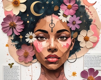 Afro woman portrait with floral elements, celestial/moon symbols , journal paper style