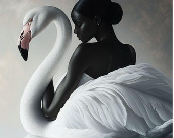 Black Woman and Swan Art Print, Elegant Portrait, Living Room Wall Decor