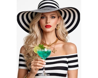 Striped Sun Hat Woman Poster Matte Vertical Poster | Fashion Cocktail Wall Art