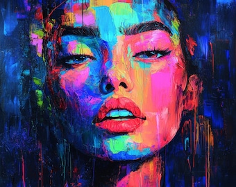 Woman Pop Art Print, Vivid Neon Portrait, Trendy Wall Decor