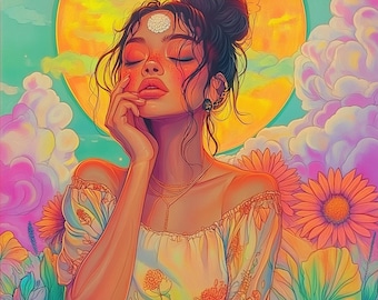 Bohemian Woman Art Print, Floral Hippie Home Decor