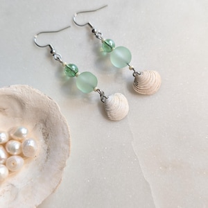 Sea Glass Shell Earrings – Beach Dangle Earrings with Mint Green Glass & Natural Seashells – Coastal Boho Jewelry, Ocean-Inspired Gift