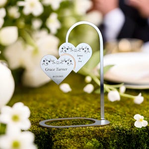 Wedding heart sign table, wedding table tag, couples table sign, custom seating names, heart shaped stand, newlyweds gift, save date favor