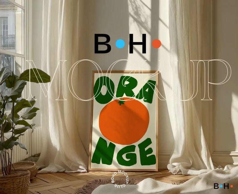 Puede incluir: Un p&oacute;ster enmarcado con un dise&ntilde;o de naranja estilizado. El p&oacute;ster tiene la palabra "ORANGE" escrita en letras verdes y naranjas. El fondo es blanco.