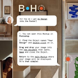 Puede incluir: Una plantilla de maqueta digital para un p&oacute;ster con un tema boho. El texto en la imagen dice "BOHO MOCKUP CLUB" y "&iexcl;Hola! &iquest;C&oacute;mo puedo poner mi dise&ntilde;o en el p&oacute;ster?" El texto tambi&eacute;n dice "1. Puedes abrir esta maqueta en Photoshop. 2. Encuentra el objeto llamado "Tu dise&ntilde;o" y haz doble clic en &eacute;l. Arrastra y suelta tu imagen en el nuevo documento que se abre. Guarda y cierra el objeto. Vuelve a la maqueta principal donde se mostrar&aacute; tu imagen. &iexcl;Es as&iacute; de simple!"
