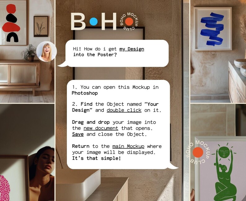 Puede incluir: Una plantilla de maqueta digital para un p&oacute;ster con un tema boho. El texto en la imagen dice "BOHO MOCKUP CLUB" y "&iexcl;Hola! &iquest;C&oacute;mo puedo poner mi dise&ntilde;o en el p&oacute;ster?" El texto tambi&eacute;n dice "1. Puedes abrir esta maqueta en Photoshop. 2. Encuentra el objeto llamado "Tu dise&ntilde;o" y haz doble clic en &eacute;l. Arrastra y suelta tu imagen en el nuevo documento que se abre. Guarda y cierra el objeto. Vuelve a la maqueta principal donde se mostrar&aacute; tu imagen. &iexcl;Es as&iacute; de simple!"