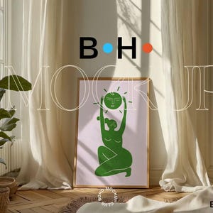 Puede incluir: Una impresi&oacute;n enmarcada con un fondo rosa claro que presenta una ilustraci&oacute;n verde de una persona que alcanza para tocar un sol con cara. El texto "B.H." est&aacute; en la esquina superior derecha de la imagen.