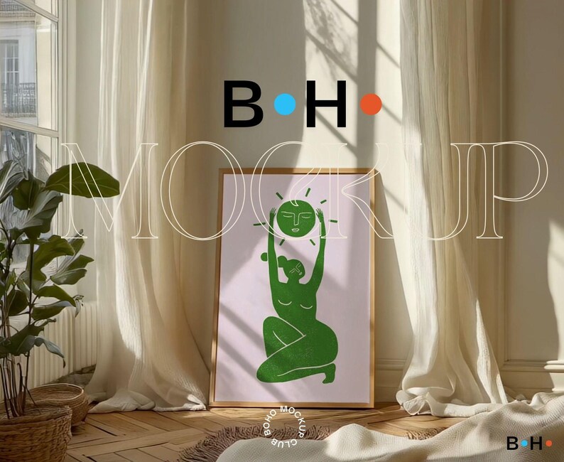 Puede incluir: Una impresi&oacute;n enmarcada con un fondo rosa claro que presenta una ilustraci&oacute;n verde de una persona que alcanza para tocar un sol con cara. El texto "B.H." est&aacute; en la esquina superior derecha de la imagen.
