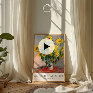 Puede incluir: Una impresi&oacute;n enmarcada de una pintura de Claude Monet que representa un ramo de girasoles en un jarr&oacute;n sobre un mantel rojo. La impresi&oacute;n est&aacute; en un marco de madera y tiene un fondo blanco con el nombre del artista y el t&iacute;tulo de la pintura.