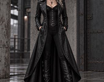 Op de afbeelding: Een lange zwarte jas met een gestructureerde kraag en revers, gedragen over een zwart korset-topje en een zwarte broek. De outfit bevat kniehoge zwarte laarzen met gespdetails. De jas heeft een uitlopende zoom en lange mouwen met manchetten.