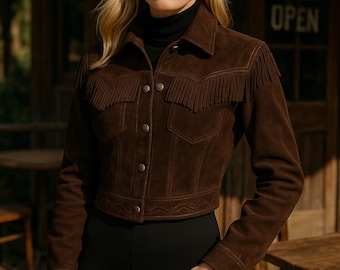 Dark Brown Suede Fringe Cropped Jacket: Western Cowboy Style