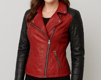 Red & Black Leather Biker Jacket: Quilted Moto Fashion Woman