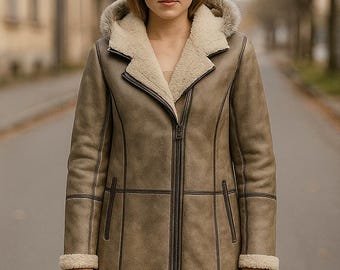 Damjacka med huva från Shearling | Handgjord vintagepälskappa