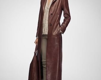 Trench doppiopetto in pelle bordeaux / Cappotto lungo - Edizione Celebrity