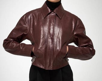 Women’s Cropped Maroon Leather Jacket | Real Sheepskin Short Coat | Chic Minimalist Fall Outerwear