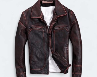 Brown Distress Biker Jacket for men