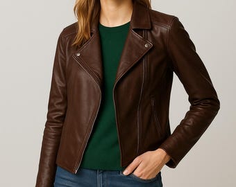 Brown Leather Moto Jacket: Slim Fit Biker Coat Woman