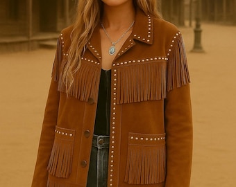 Fringe Suede Western Woman Jacket Brown Leather Cowboy Style with Studs Woman