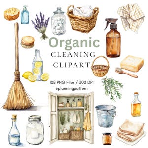 Watercolor Organic Cleaning Clipart – Eco Home PNG Bundle (Digital Download)
