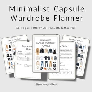 Op de afbeelding: Een digitale planner voor het creëren van een minimalistische capsule garderobe. De planner bevat 38 pagina's, 108 PNG's en is beschikbaar in A4 en US letter formaten. De planner toont een verscheidenheid aan kledingstukken, waaronder jassen, shirts, jeans en jurken.