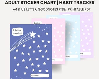May include: A set of four printable adult sticker charts and habit trackers. The charts feature a blue design with a shooting star and white stars, and three pastel-colored charts with white stars. Text includes "I did my housework" and "my reward."