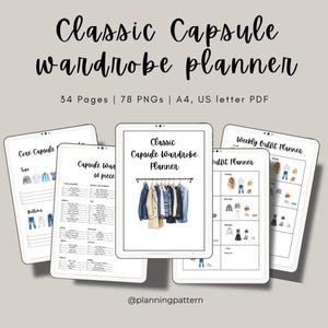 Op de afbeelding: Een digitale planner voor het creëren van een klassieke capsule garderobe. De planner bevat een sectie voor de kerncapsule garderobe, een checklist voor de capsule garderobe en een wekelijkse outfit planner. De planner is ontworpen om je te helpen een stijlvolle en functionele garderobe te creëren met een beperkt aantal kledingstukken.