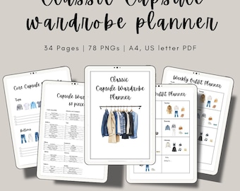 Classic Capsule Wardrobe Planner | A4 & US Letter PDF | 78 PNG Clipart | Minimalist Closet Organizer | Printable Wardrobe Template | Digital