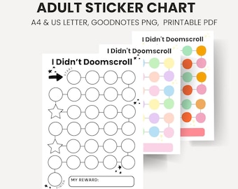 Tabella degli adesivi per adulti / Monitoraggio delle abitudini / Non ho fatto Doomscroll / PDF stampabile, GoodNotes digitali PNG / Bianco e nero / Versioni a colori / A4 / USA